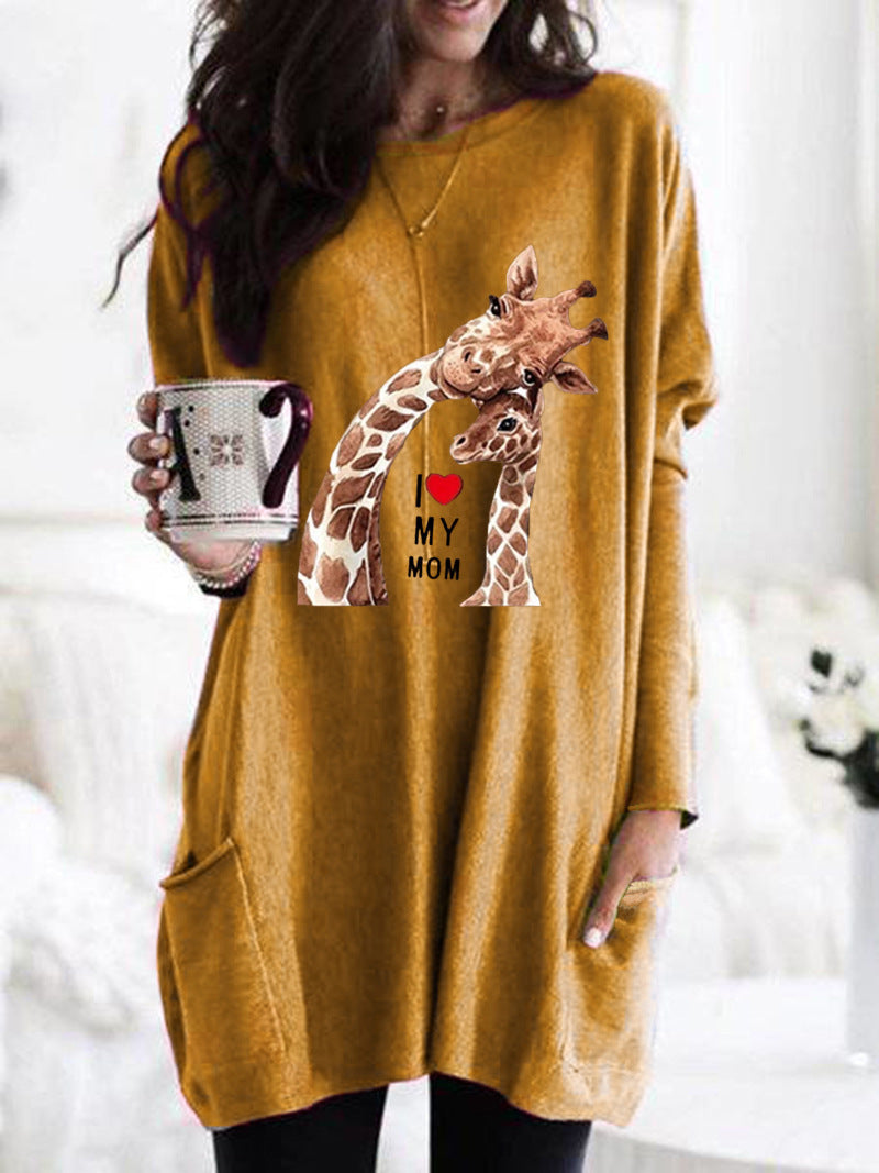 Frauen Übergroße Sweatkleid mit Giraffenmuster, Rundhalsausschnitt und Seitentaschen Drune