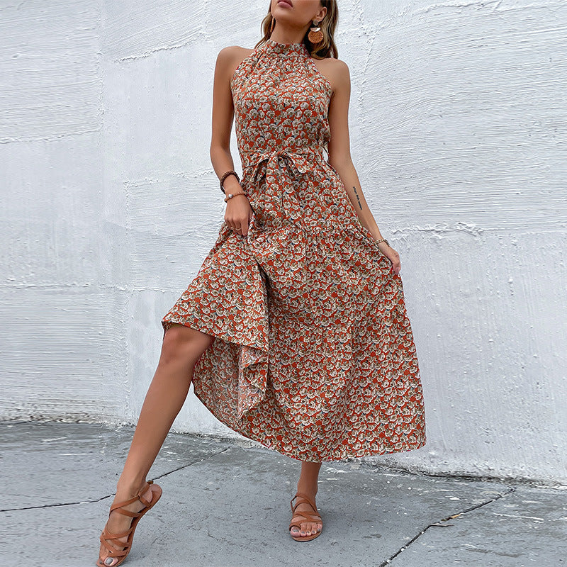 Damen Maxikleid mit floralen Rüschen und elegantem Taillengürtel Drune