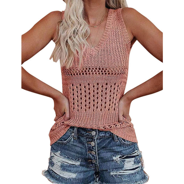 Damen luftiges Stricktop mit V-Ausschnitt und feinen Lochmustern Drune