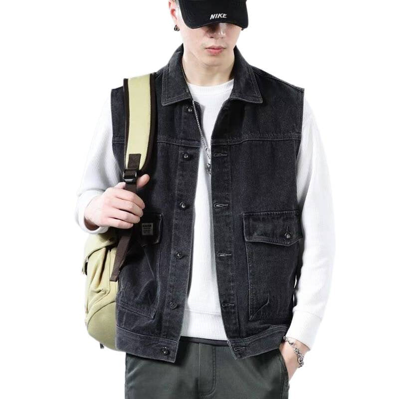 Herren Ärmellose Jeans-Workerweste mit Pattentaschen und kastiger Passform Drune