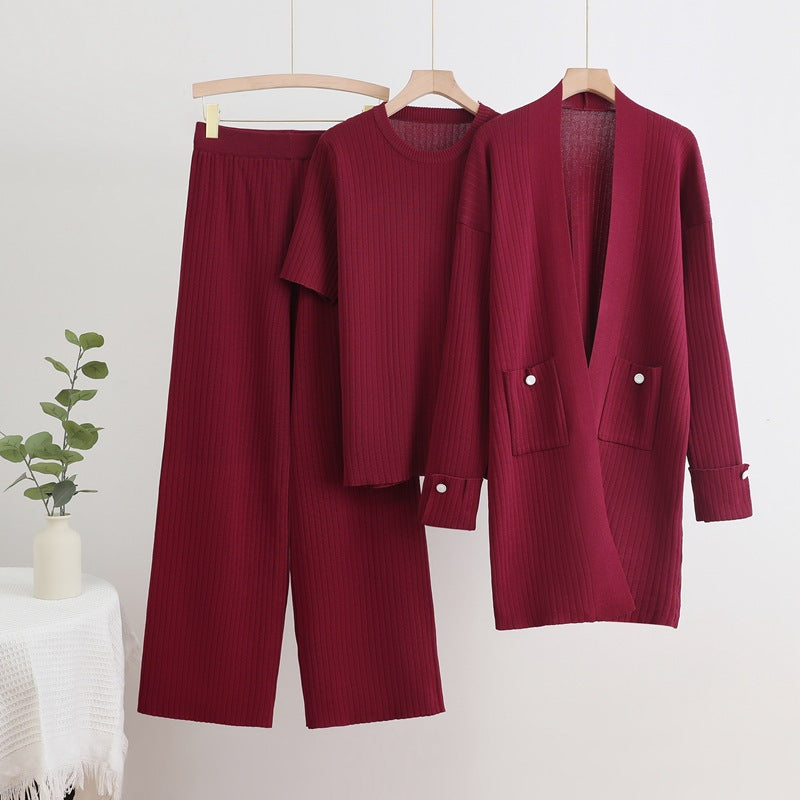 Damen Strick-Loungewear Set mit langen Ärmeln und praktischen Taschen Drune