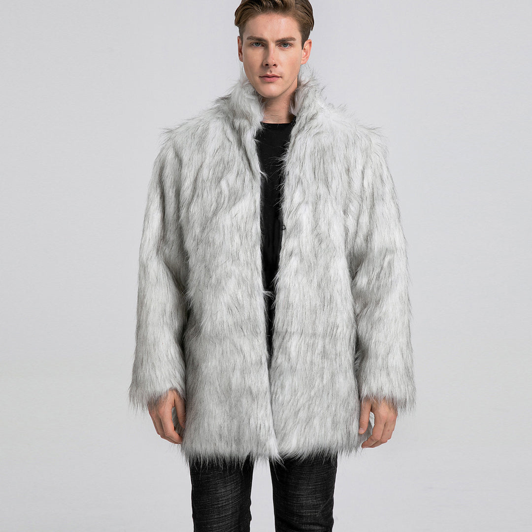 Herren Eleganter Kunstfell-Mantel mit weitem Kragen Drune