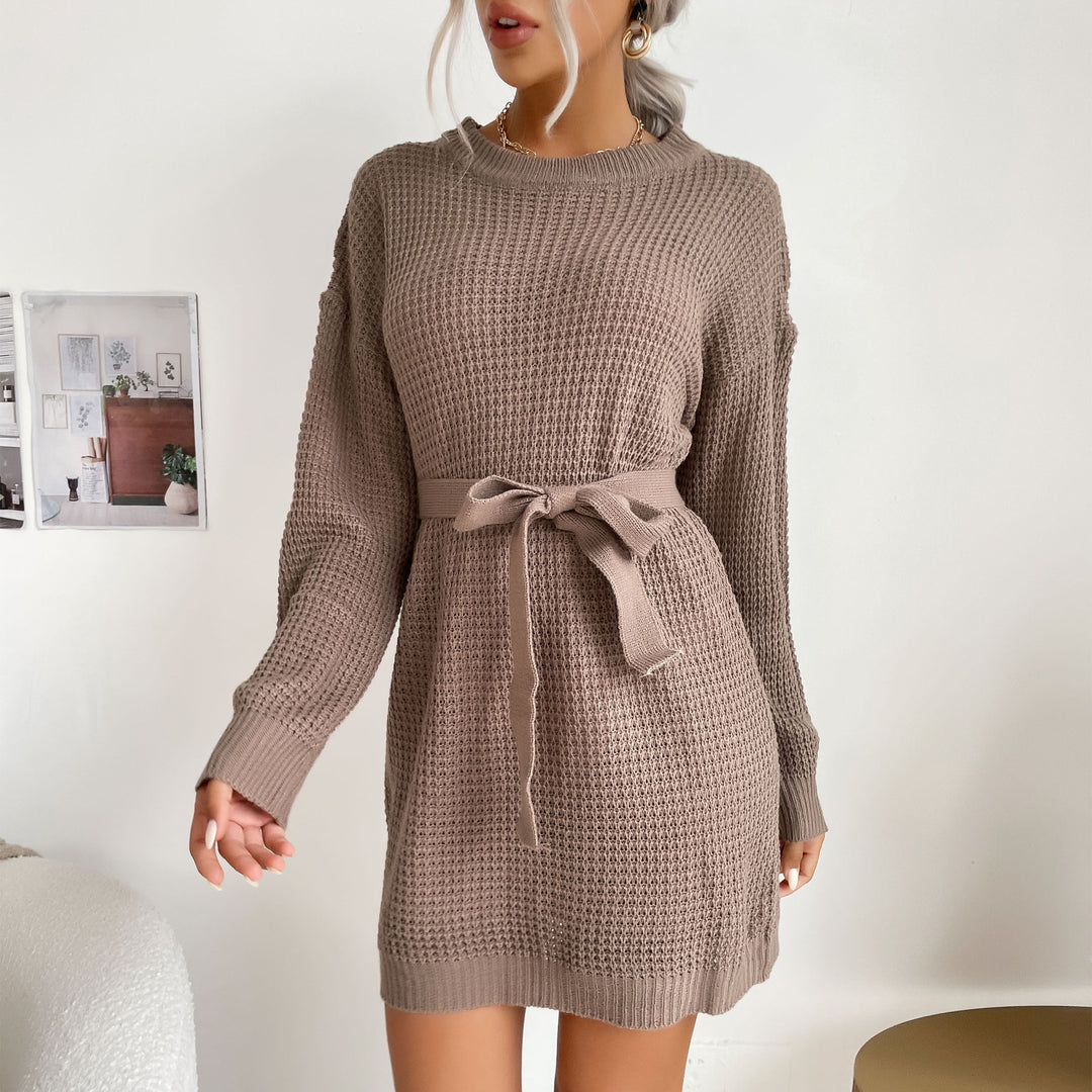 Damen Waffelstrick-Minikleid mit Tunnelzug-Taillengürtel und geripptem Saum Drune