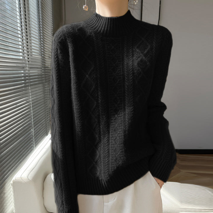 Damen Kuscheliger Mohair‑Optik Mockneckpullover mit Rautenzopfstruktur und kastiger Silhouette Drune