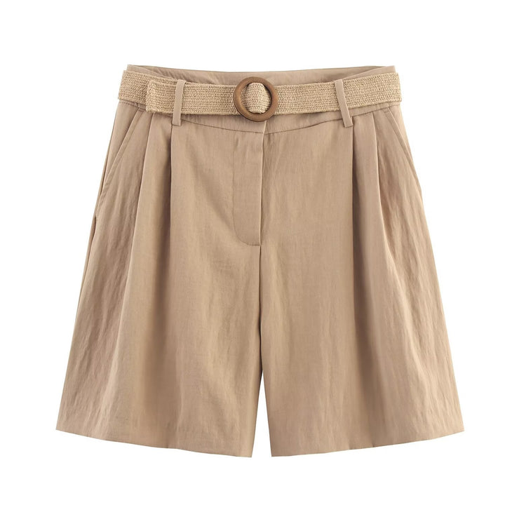 Damen elegante Shorts mit breitem, geflochtenem Gürtel Drune