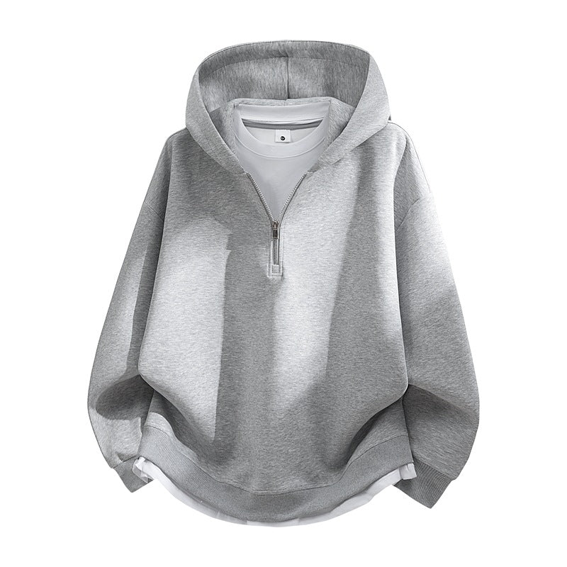 Unisex Oversize-Halbzip-Kapuzenpullover mit Lagen‑Optik, gerundetem Saum & gerippten Bündchen Drune