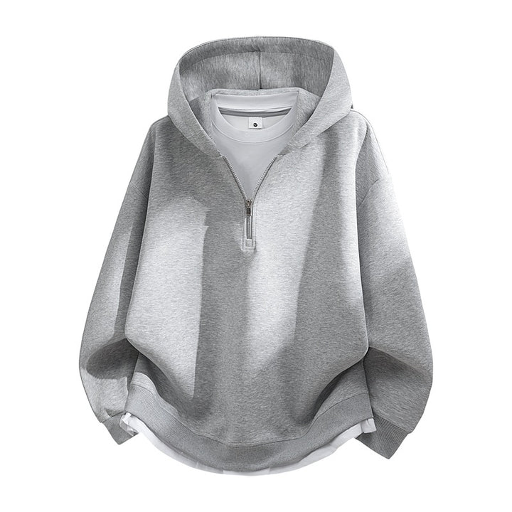 Unisex Oversize-Halbzip-Kapuzenpullover mit Lagen‑Optik, gerundetem Saum & gerippten Bündchen Drune