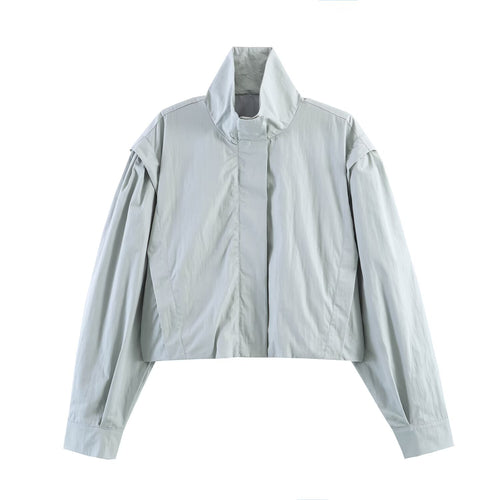 Damen Kurze Windjacke mit Stehkragen, oversized Ärmeln und verdeckter Front Drune
