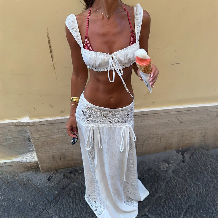 Damen Elegante Häkel-Tunika mit langem Rock Drune