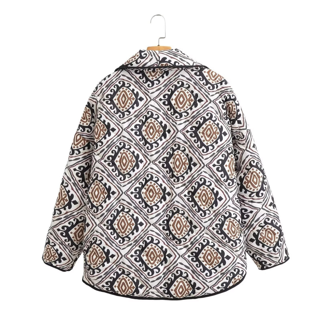 Damen Gepolsterte Kimono-Steppjacke mit Ethno-Print und Kontrastpaspeln Drune