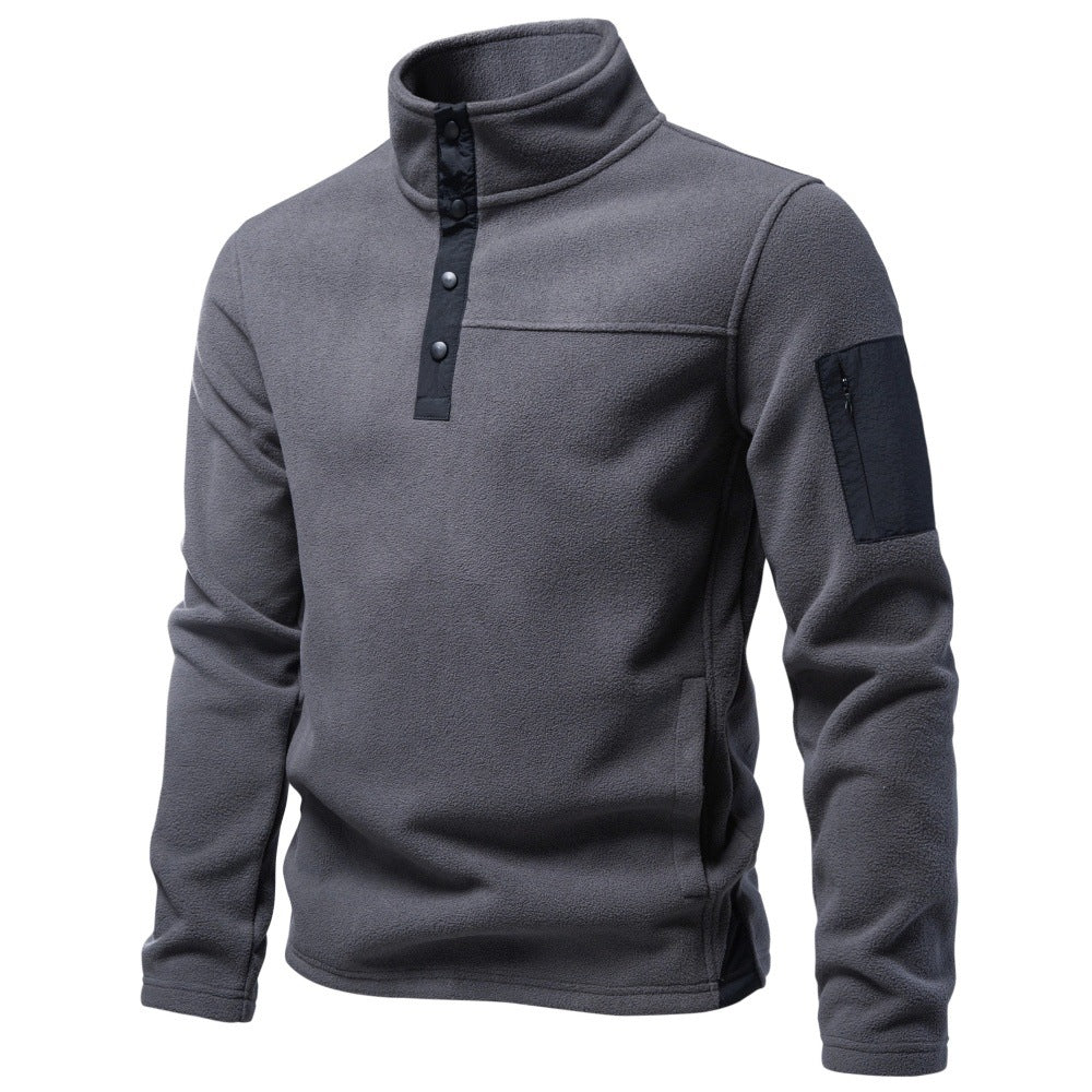 Herren Fleecepullover mit Stehkragen Druckknopf-Leiste und Ärmeltasche Drune