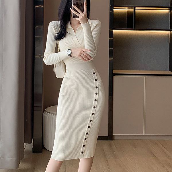 Damen Langärmeliges Strickkleid mit elegantem Knopfdetail und taillierter Silhouette Drune