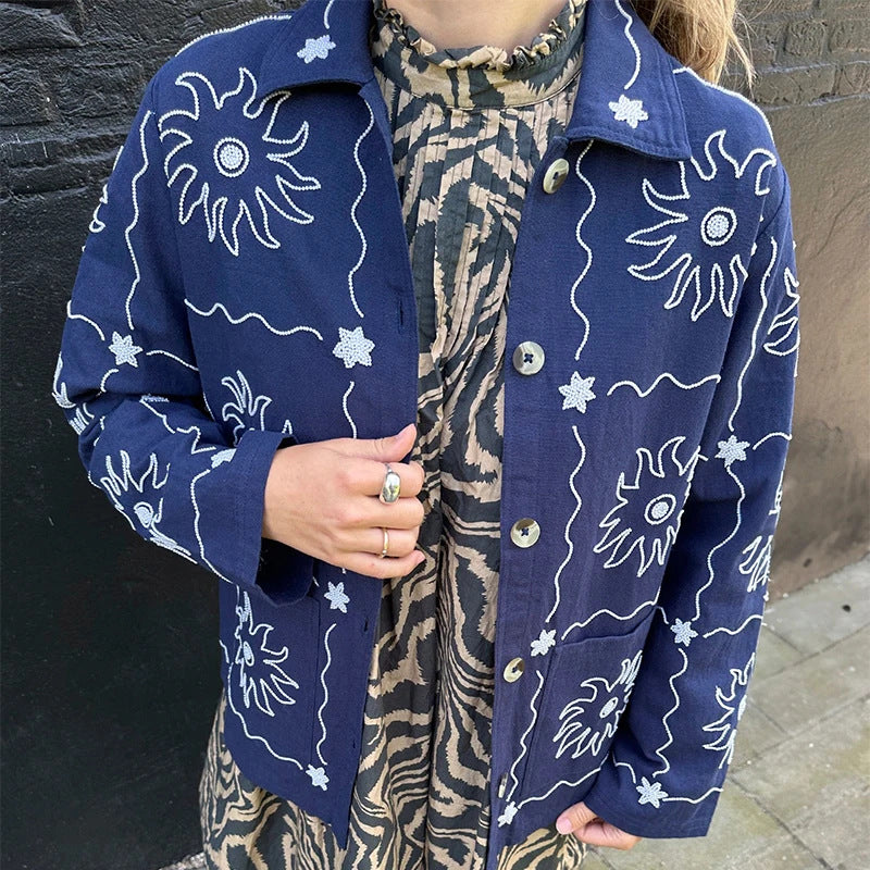 Damen Bomberjacke mit floralem Print und Knopfverschluss Drune