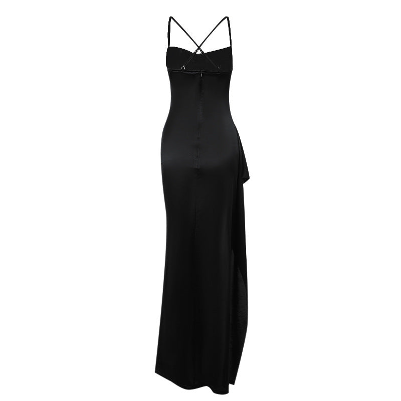 Damen elegantes Satin-Kleid mit tiefem Schlitz und verstellbaren Spaghetti-Trägern Drune