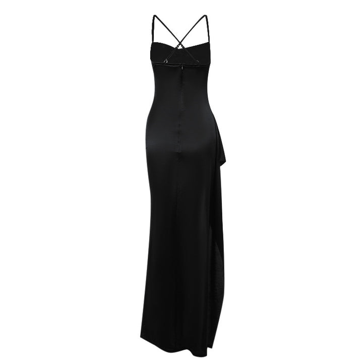 Damen elegantes Satin-Kleid mit tiefem Schlitz und verstellbaren Spaghetti-Trägern Drune