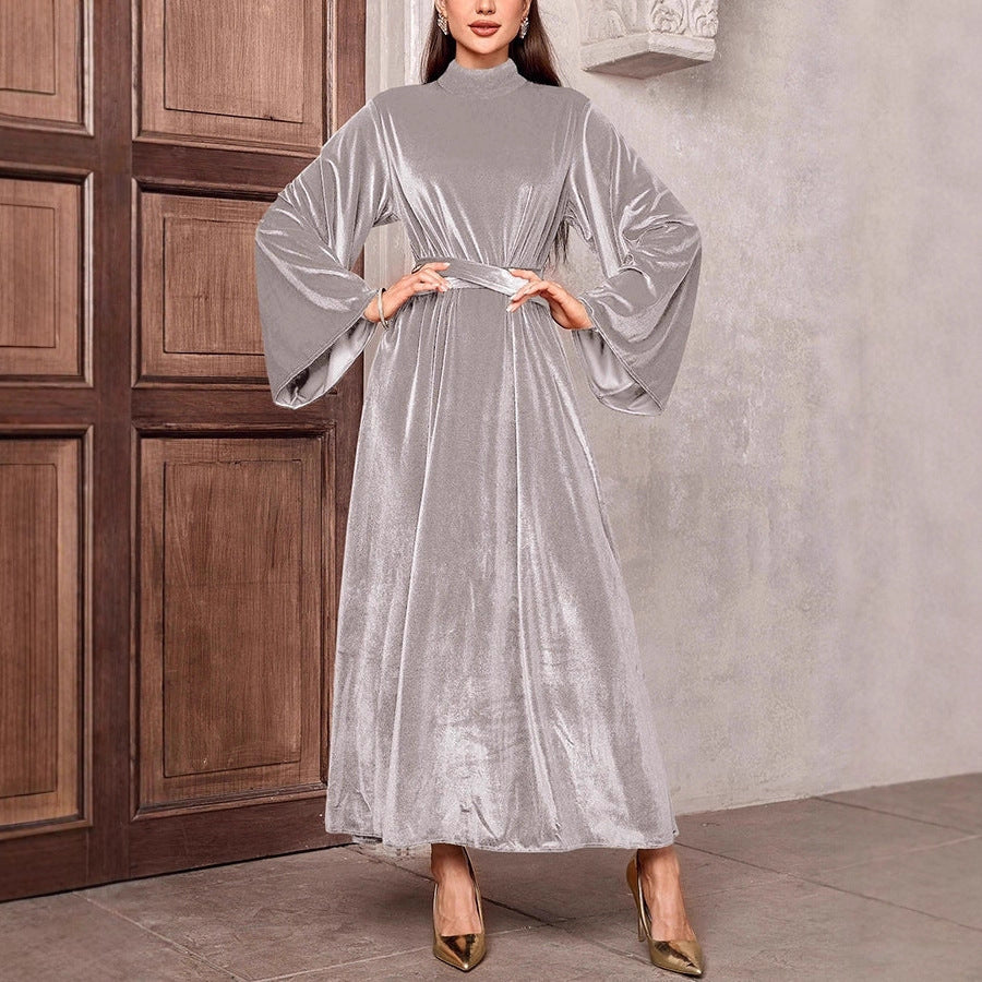Damen Maxikleid aus Samt mit Stehkragen, weitem Glockenärmel und Taillengürtel Drune
