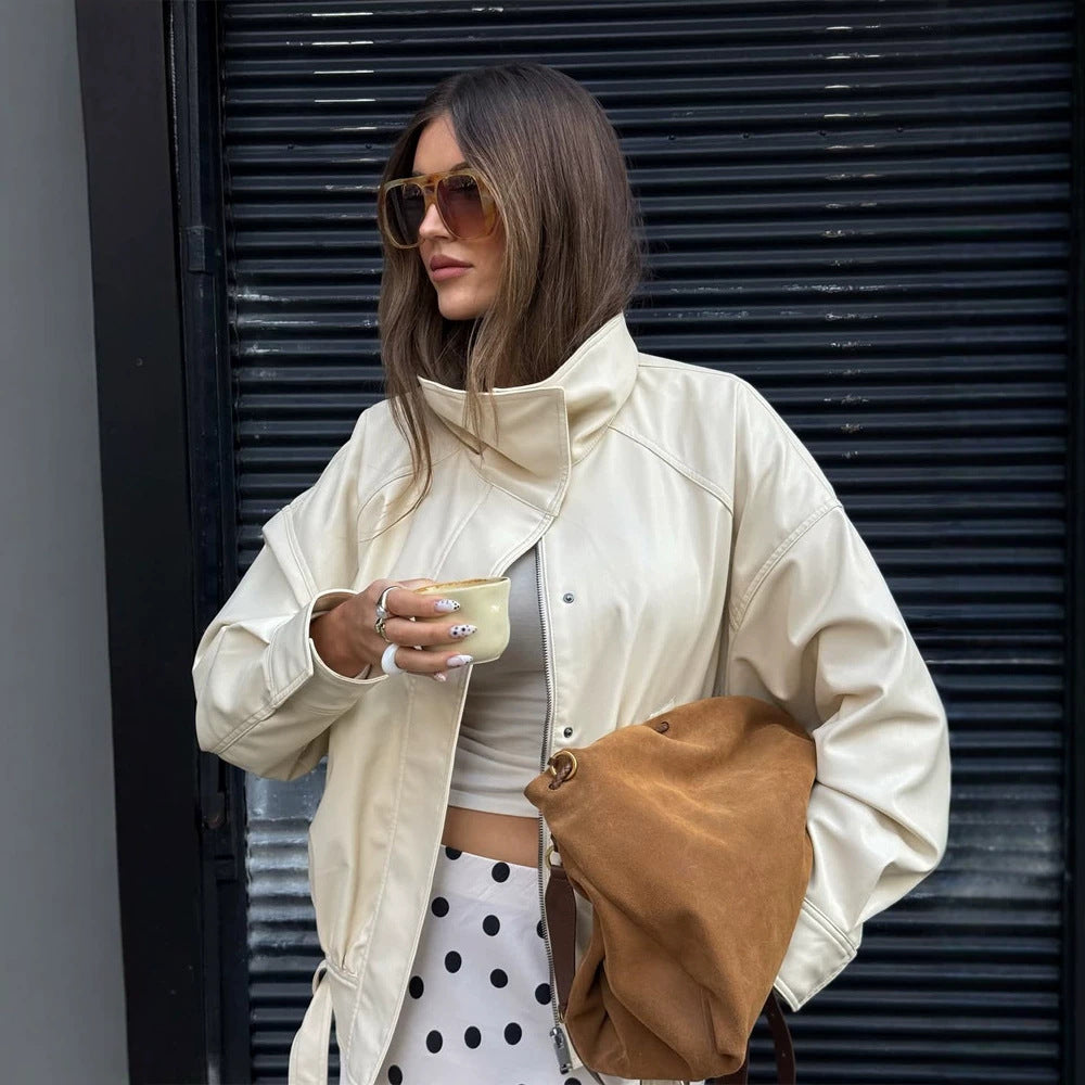 Damen Oversize-Lederimitatjacke mit Stehkragen und Tunnelzug Drune