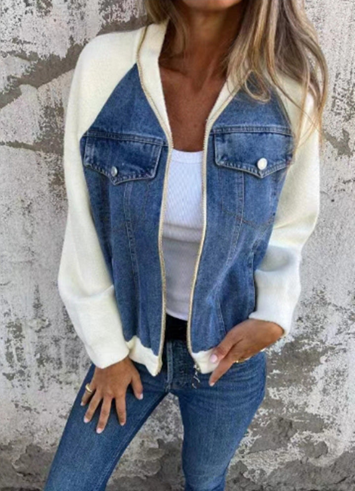 Damen Denim-Jacke mit kontrastfarbenen Ärmeln und praktischen Taschen Drune