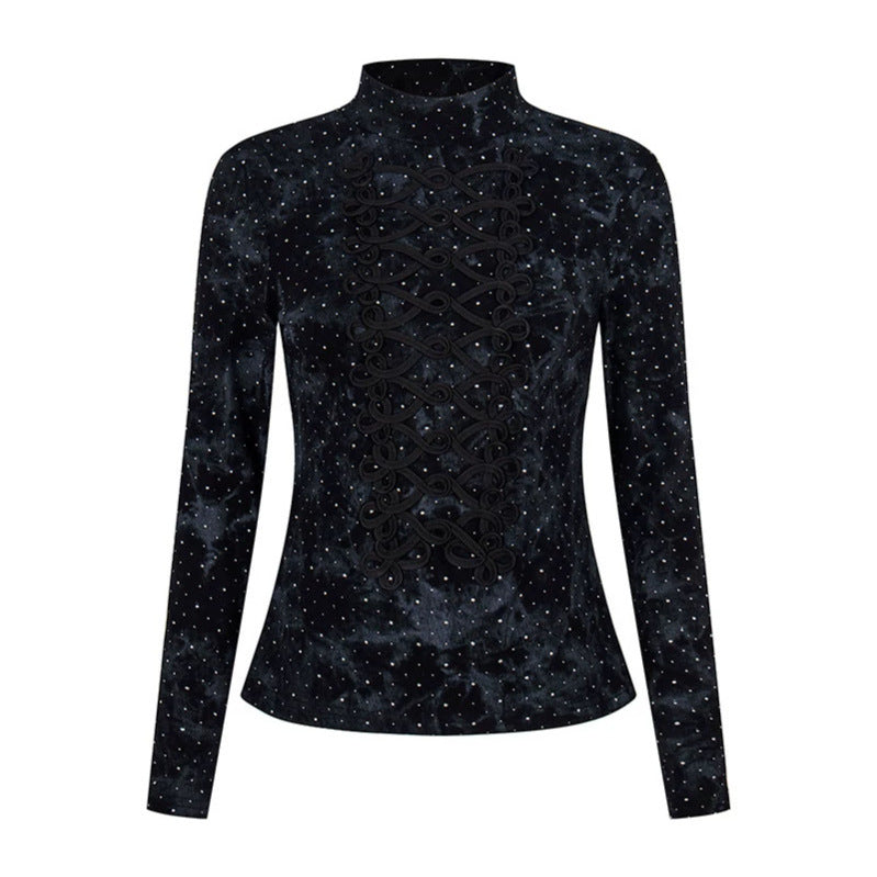 Damen Langarm-Shirt mit Stehkragen und dekorativer Kordel‑Applikation Drune