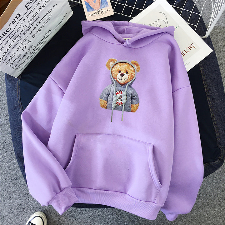 Unisex nan lässiger Oversize Kapuzenpullover mit Teddy-Frontprint, Kängurutasche und weichem Fleece-Innenfutter Drune