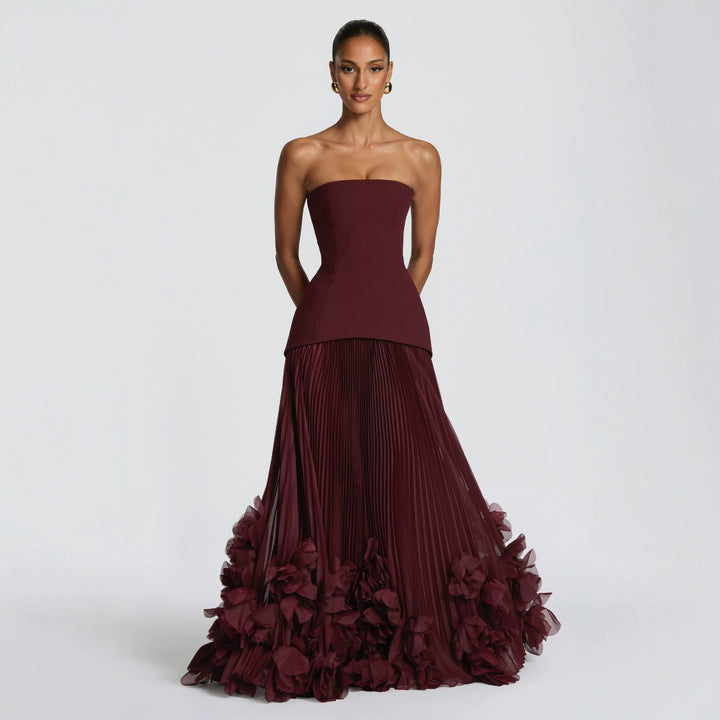Damen trägerloses Maxikleid mit fließendem Rock und floralem Detail Drune