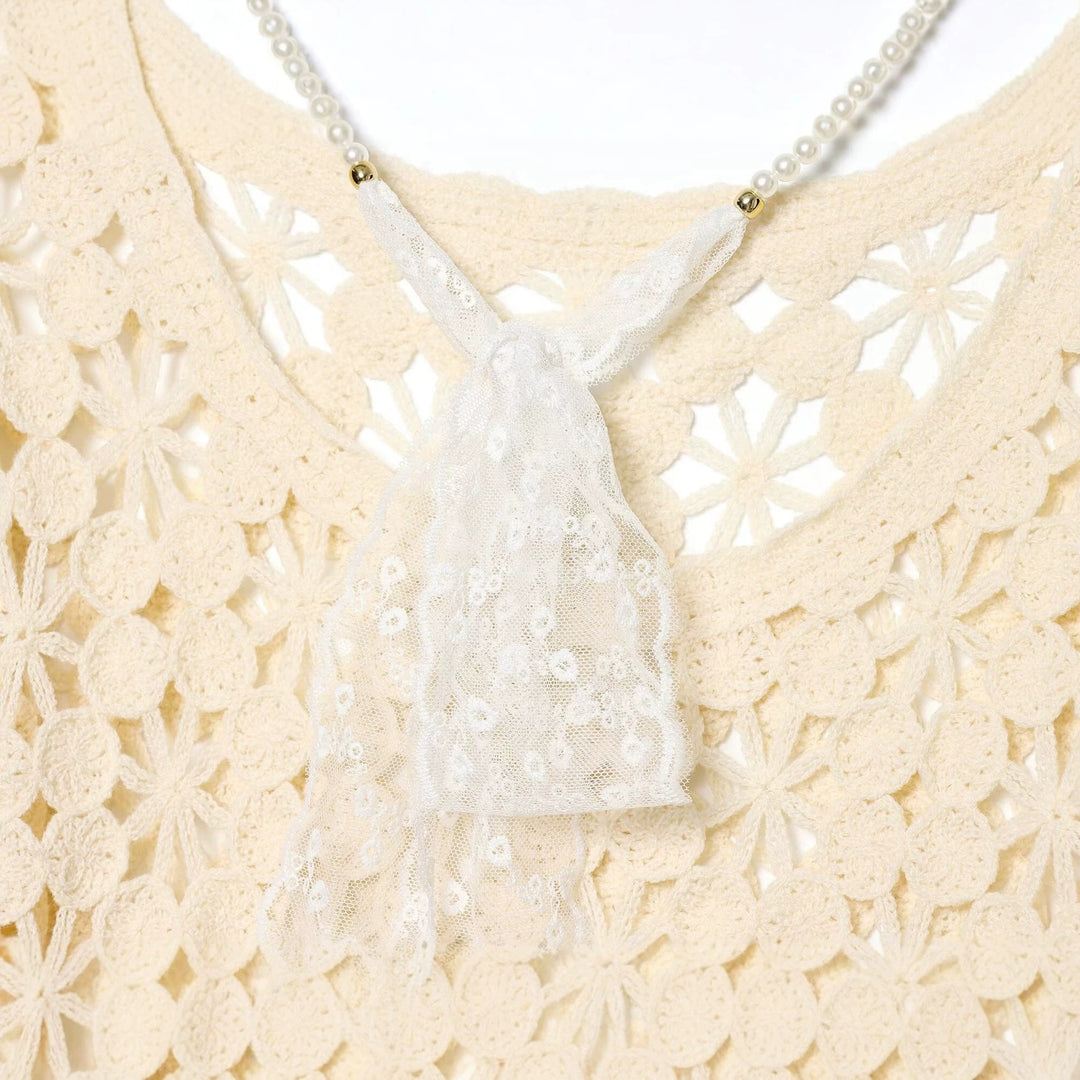 Damen Häkelpullover mit floraler Lochspitze und zarter Spitzen-Schleife Drune