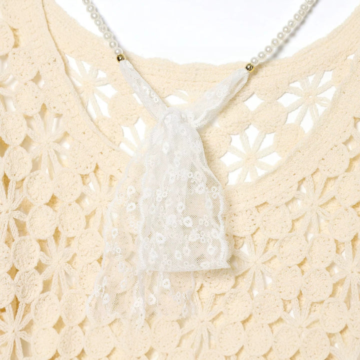 Damen Häkelpullover mit floraler Lochspitze und zarter Spitzen-Schleife Drune
