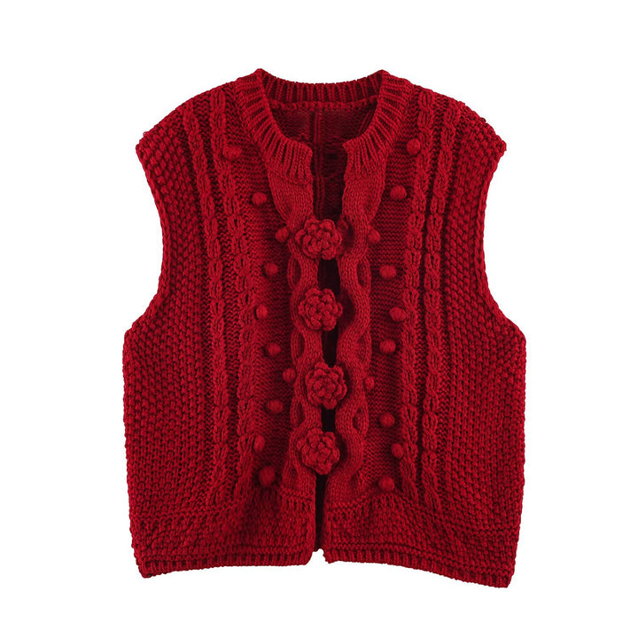 Damen Strickweste mit Zopfmuster, Blumenapplikationen und Noppenstruktur Drune