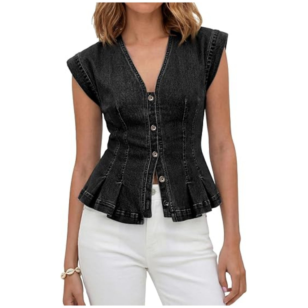 Damen Tailliertes Jeans-Top mit Schößchen und Knopfleiste Drune