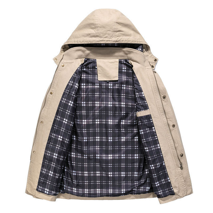 Herren Leichter Kapuzenparka mit kariertem Innenfutter und Multifunktions-Taschen Drune