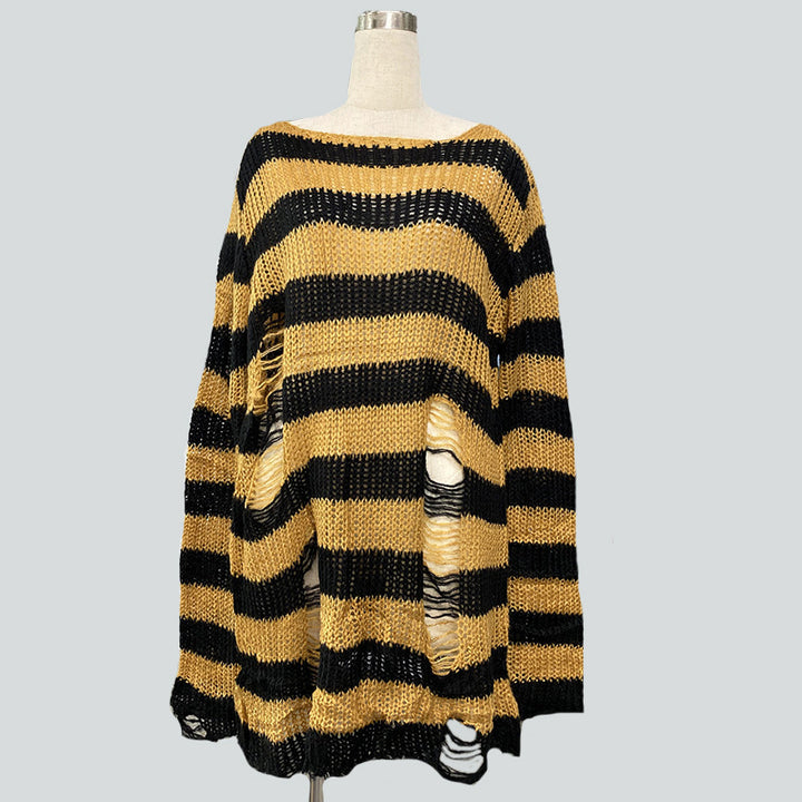 Damen nan Oversized Grobstrickpullover mit breiten Blockstreifen und aufgerissenem Design Drune