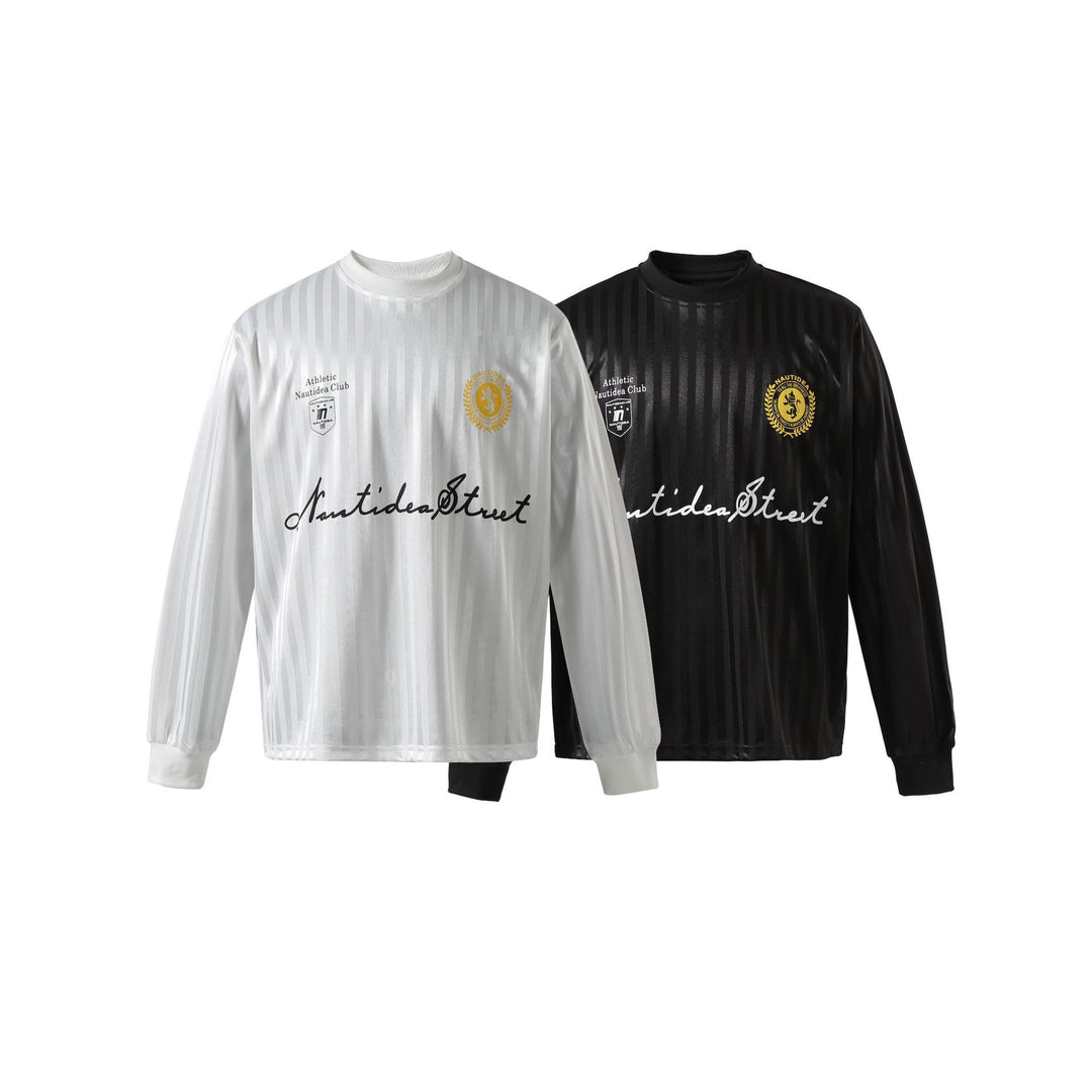 Unisex Langarm-Sporttrikot im Retro‑Fußballstil mit Stehkragen und gestreifter Jacquardstruktur Drune
