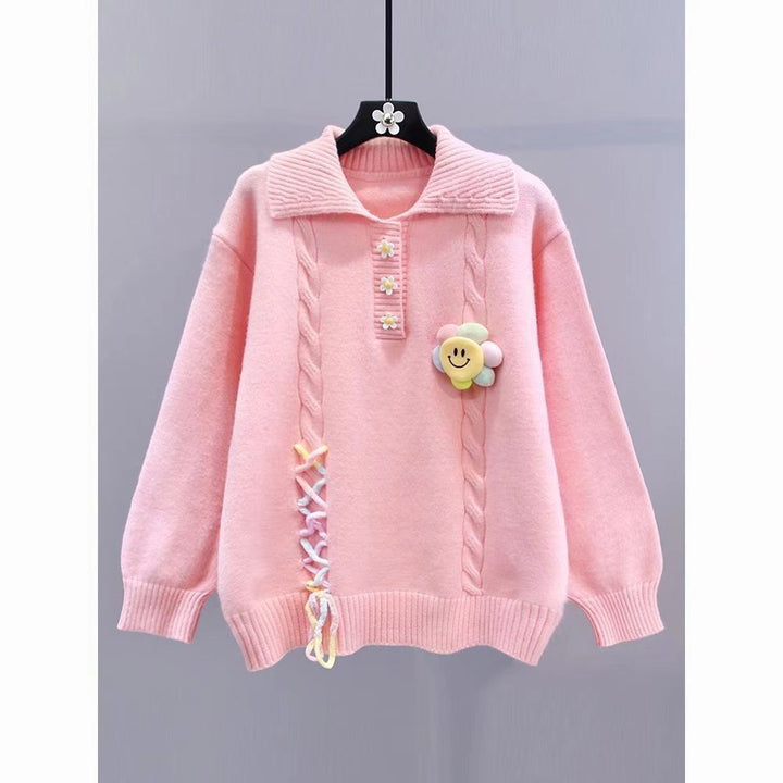 Damen Modischer Pullover mit Blumenapplikationen und Kabelmuster Drune