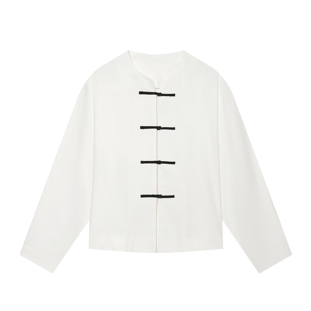 Damen Boxy-Jacke mit Mandarin-Kragen und dekorativen Knotenverschlüssen Drune