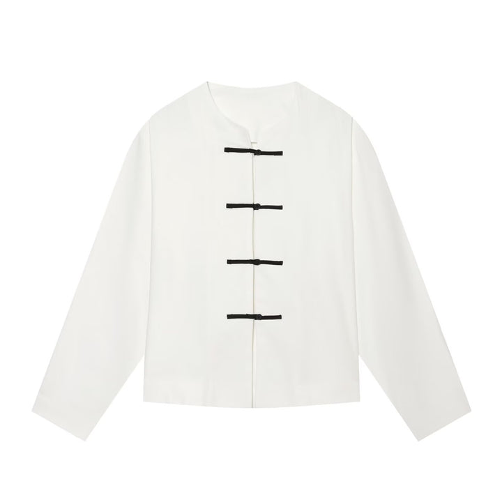 Damen Boxy-Jacke mit Mandarin-Kragen und dekorativen Knotenverschlüssen Drune
