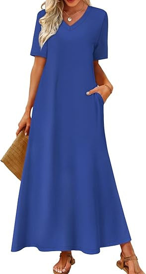 Damen Langes A-Linien-Maxikleid mit V-Ausschnitt, Kurzarm und Eingrifftaschen Drune