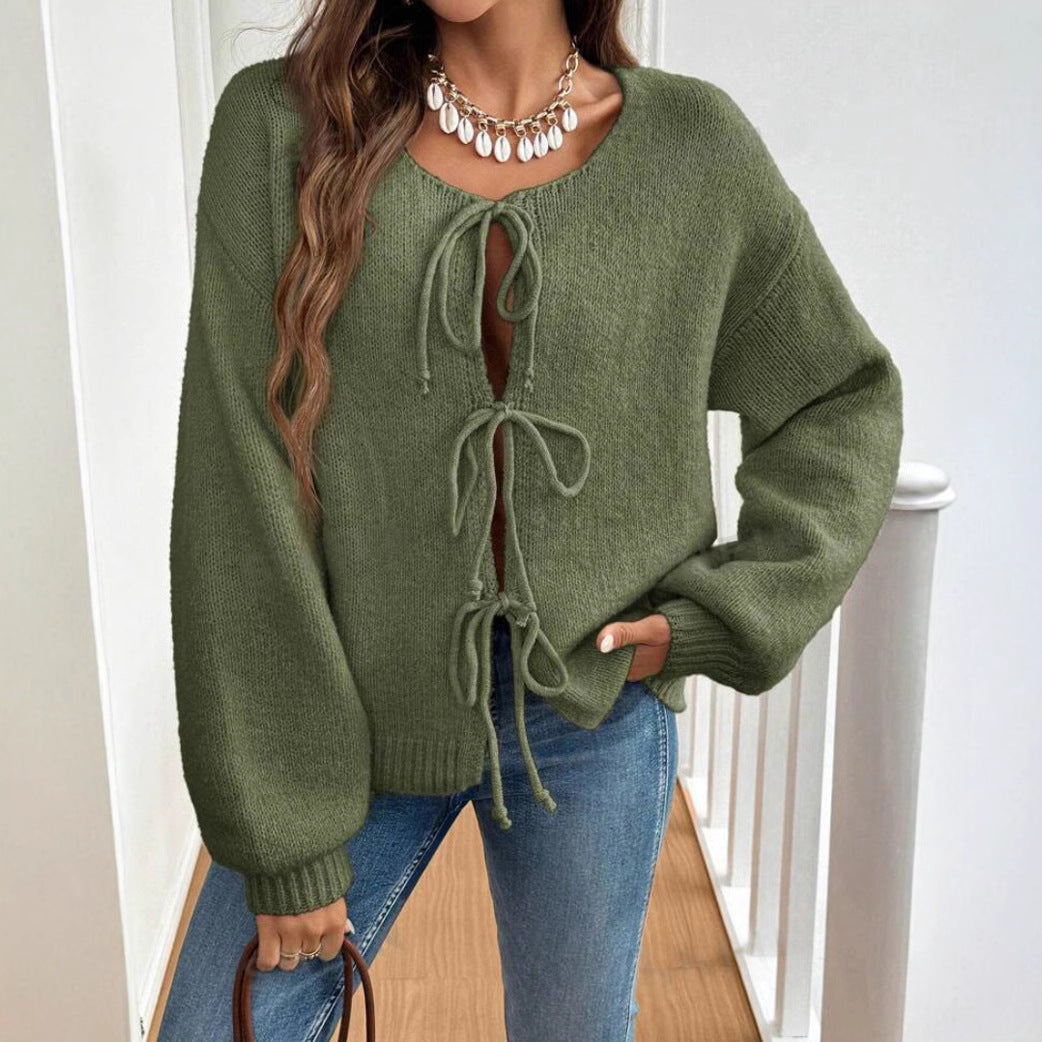 Damen Kurzcardigan mit Bindebändern, Oversize‑Silhouette und Ballonärmeln Drune