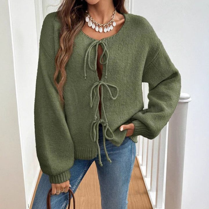 Damen Kurzcardigan mit Bindebändern, Oversize‑Silhouette und Ballonärmeln Drune