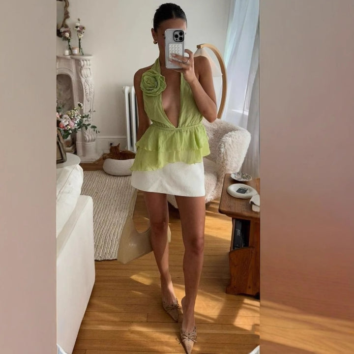 Damen Elegantes Oberteil mit Blumenapplikation und tiefem V-Ausschnitt Drune