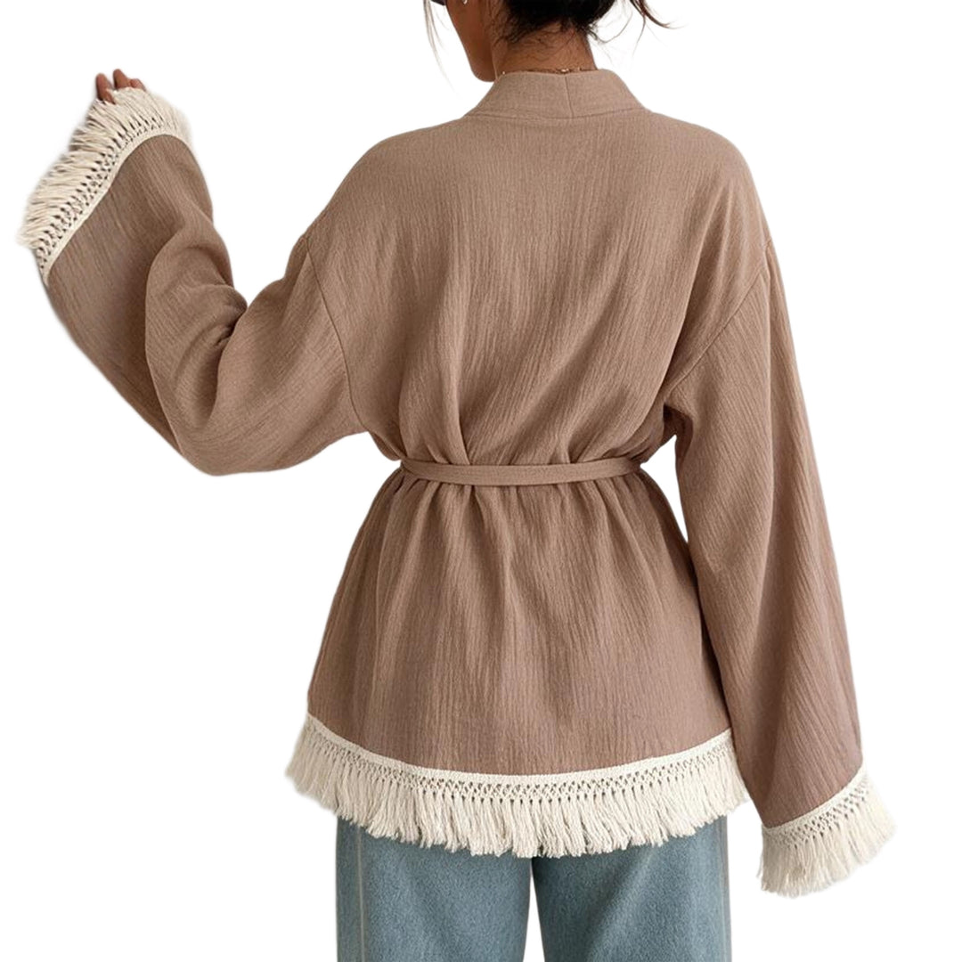 Damen Fransen-Kimono-Jacke aus Leinenoptik mit Taillengürtel Drune