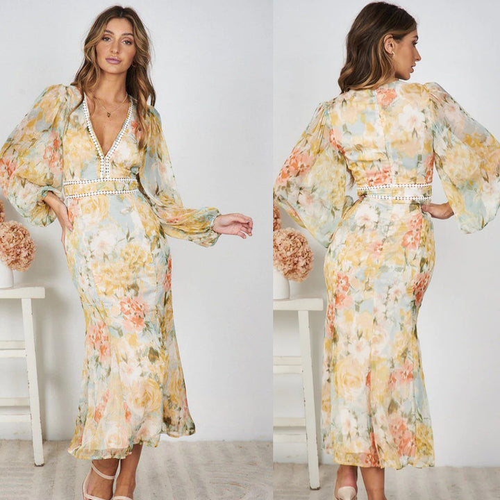 Damen Maxikleid mit voluminösen Ärmel und dekorativen Details Drune