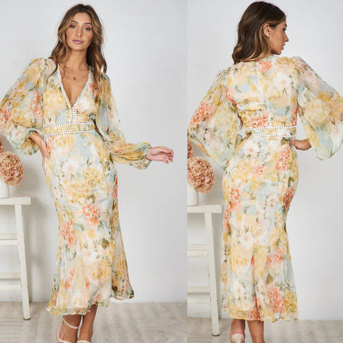 Damen Maxikleid mit voluminösen Ärmel und dekorativen Details Drune