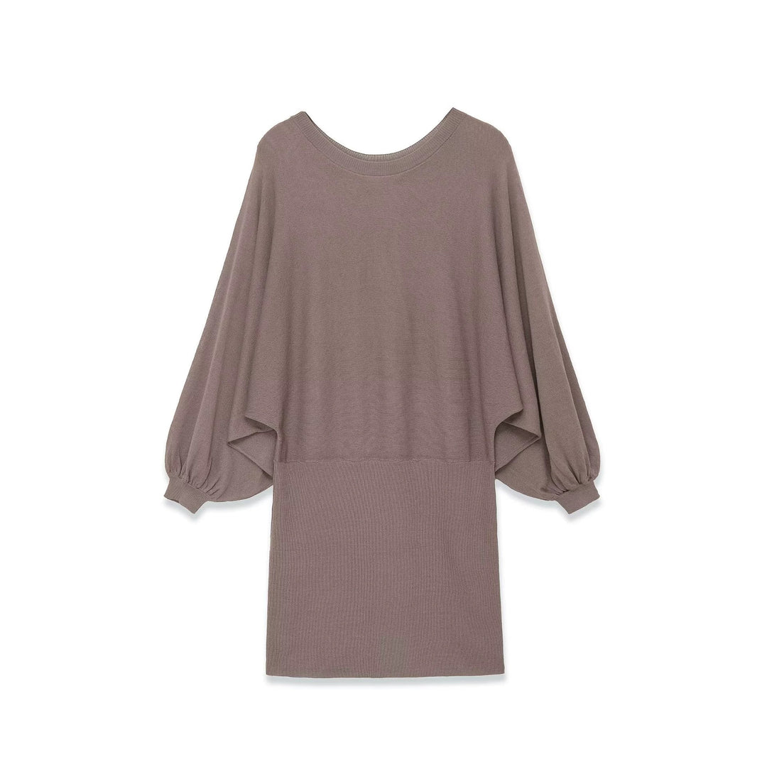 Damen Strickkleid mit überschnittenem Fledermaus-Poncho und Ballonärmeln Drune
