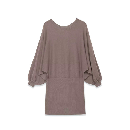 Damen Strickkleid mit überschnittenem Fledermaus-Poncho und Ballonärmeln Drune