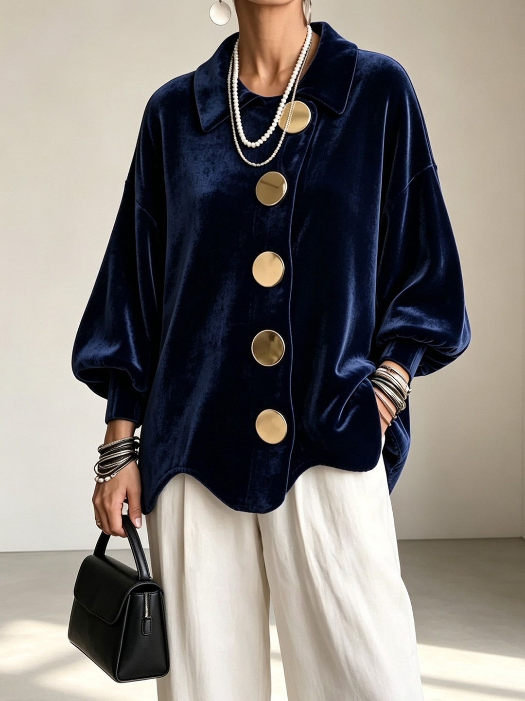 Damen Oversized Samtjacke mit großen Zierknöpfen und Balloon-Ärmeln Drune