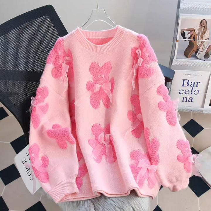 Damen flauschige Strickjacke mit verspielten Bärenapplikationen und entzückenden Schleifen Drune