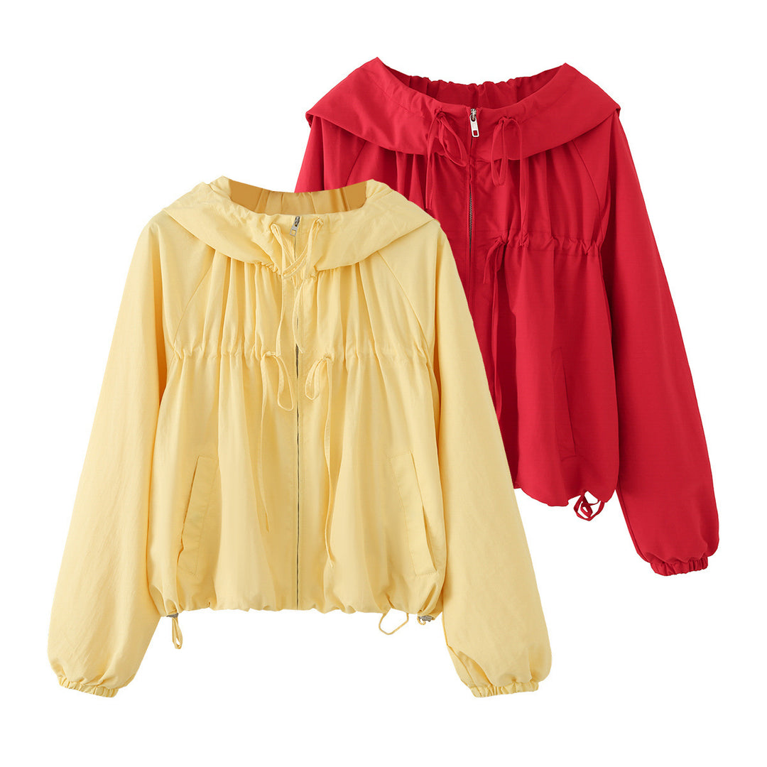 Damen Kurz geschnittene Windbreaker‑Jacke mit weitem Kragen, Tunnelzug und elastischen Bündchen Drune