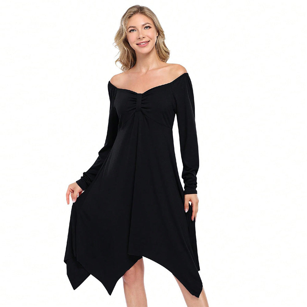 Damen asymmetrisches Longsleeve-Kleid mit gerafftem Bustier, Empire‑Naht und Zipfelsaum Drune