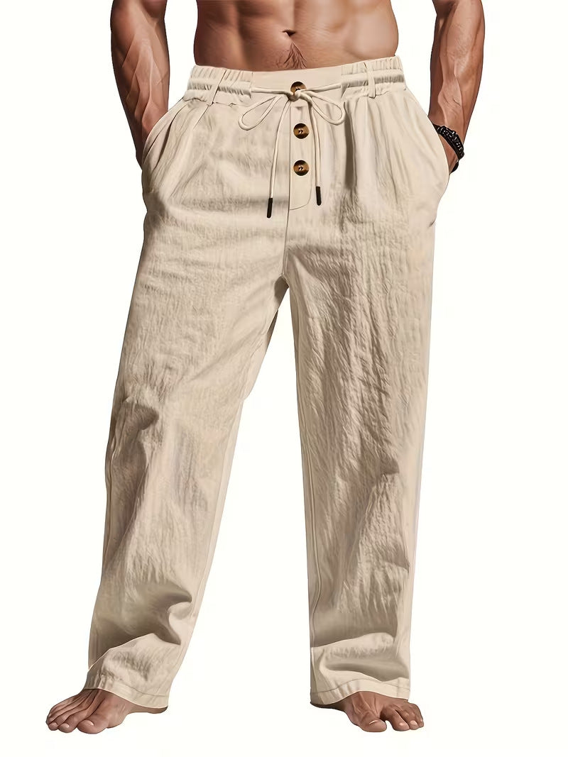 Herren Bequeme Strandhose mit Kordelzug und Holzknöpfen Drune