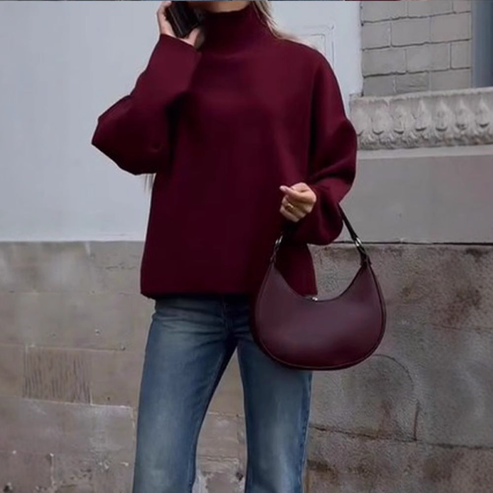 Damen Oversized Strickpullover mit hohem Kragen und lässiger Passform Drune